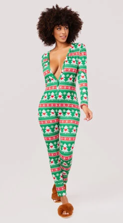 Yandy Tree Of A Kind Onesie -Lingerie And Swimwear Store YR E7197 LONGESLEEVE ONESIE HOLIDAY TREES GREEN 2146